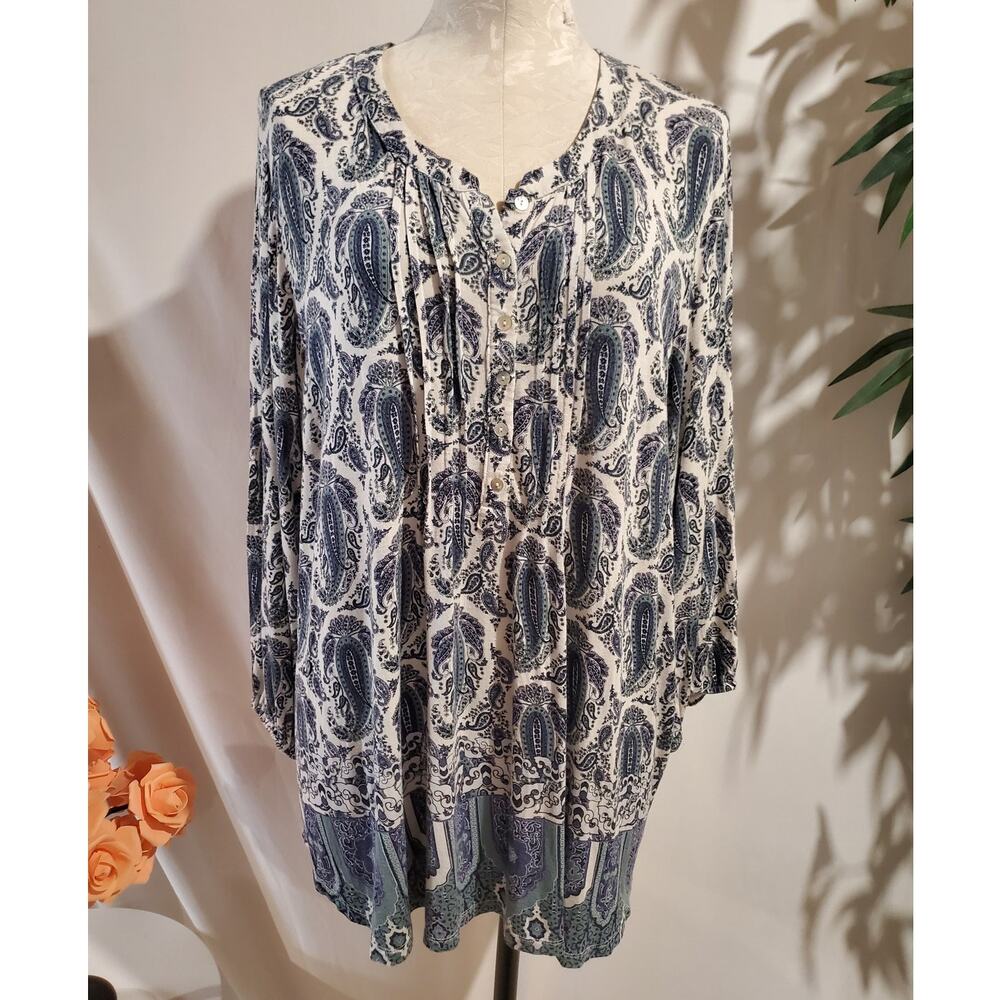 Rose + Olive Pintuck Pleat Paisley Shell Button Popover 3/4 Sleeve Top Size 2X